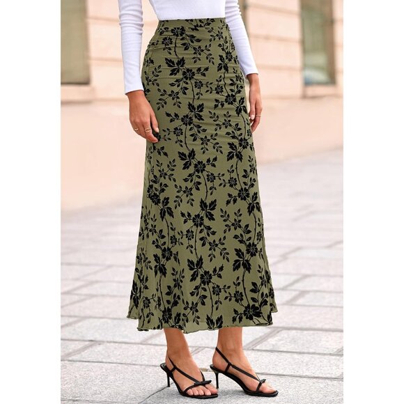 High Waisted Floral Mesh Maxi Skirt - Elegant Mermaid with Lettuce Trim, M Size - Picture 5 of 8